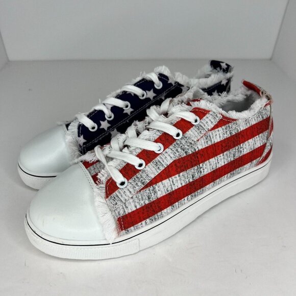 Red Star Shoes - Womens Blue Red Star Striped Pattern Low Top Lace Up Flat Size 7 Canvas Sneakers